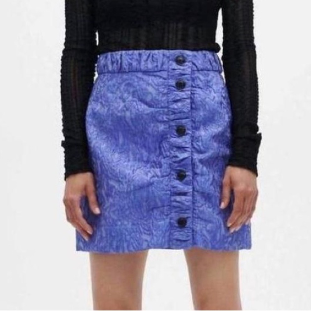 NWT GANNI Mini Skirt Jacquard Light Purple Blue Wavy Print Black Button Front